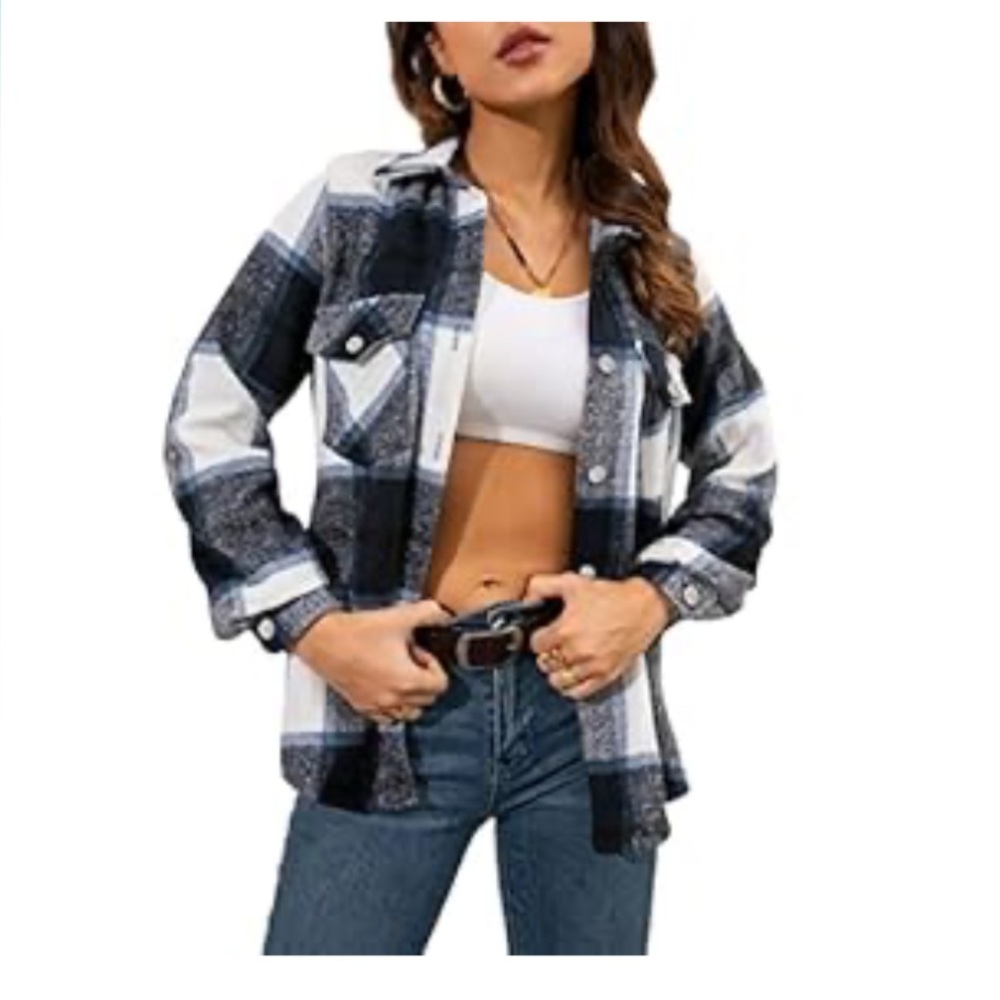 Womens Flannel Plaid Shacket Wool Blend Button Down Shirt
